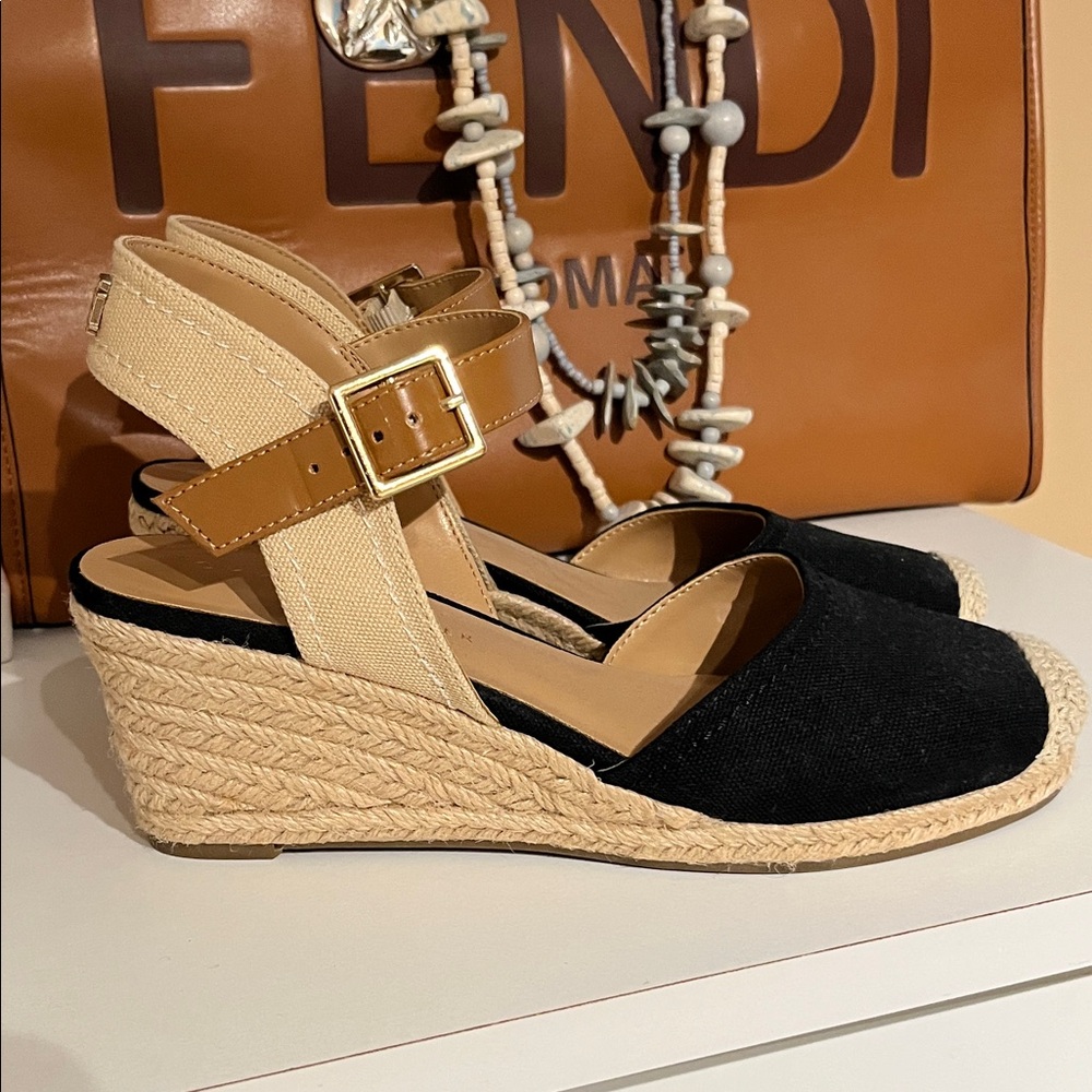 Tommy Hilfiger Black and Tan Espadrille Wedge Sandals